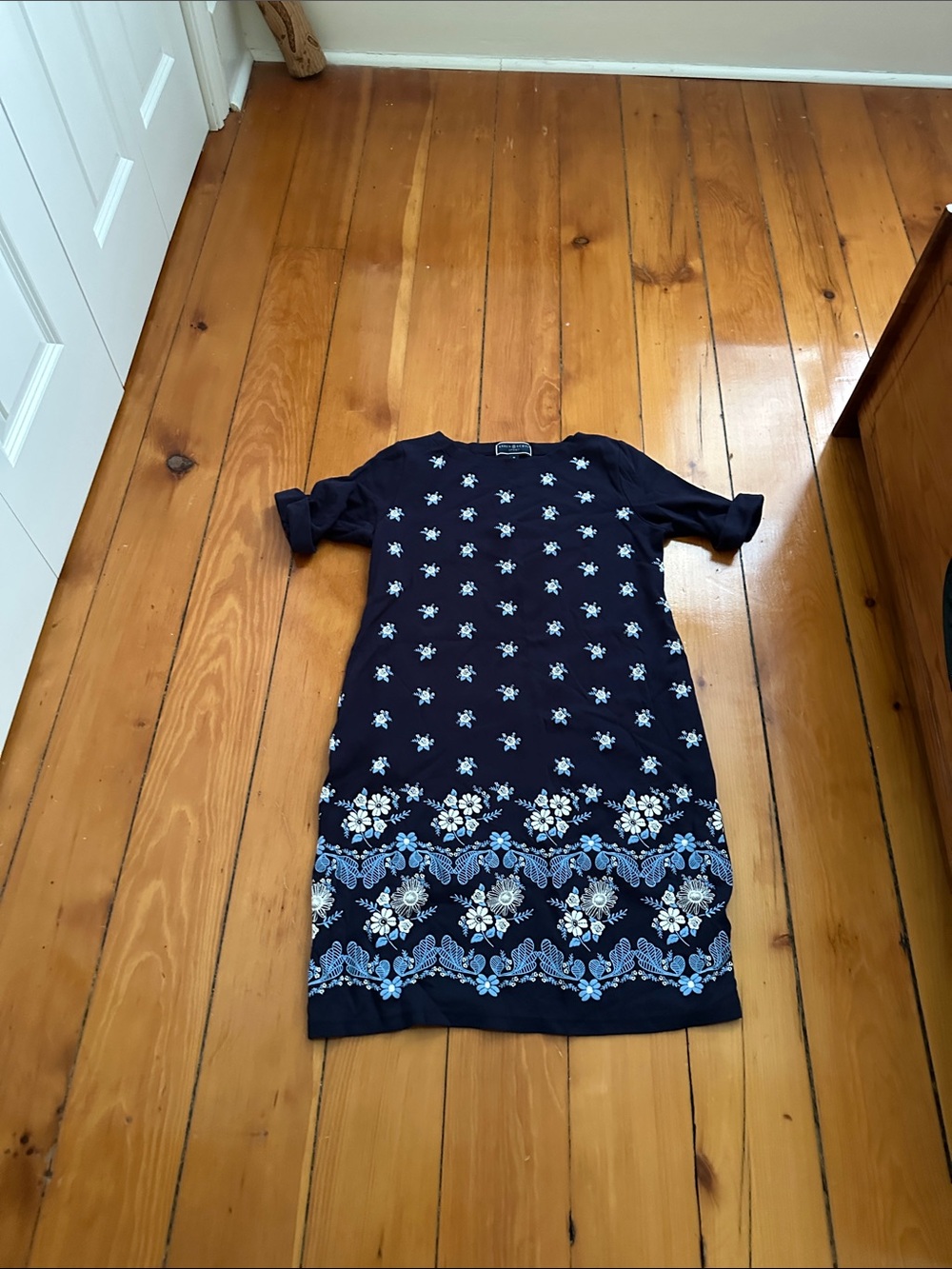 Navy Floral Embroidered Shift Dress